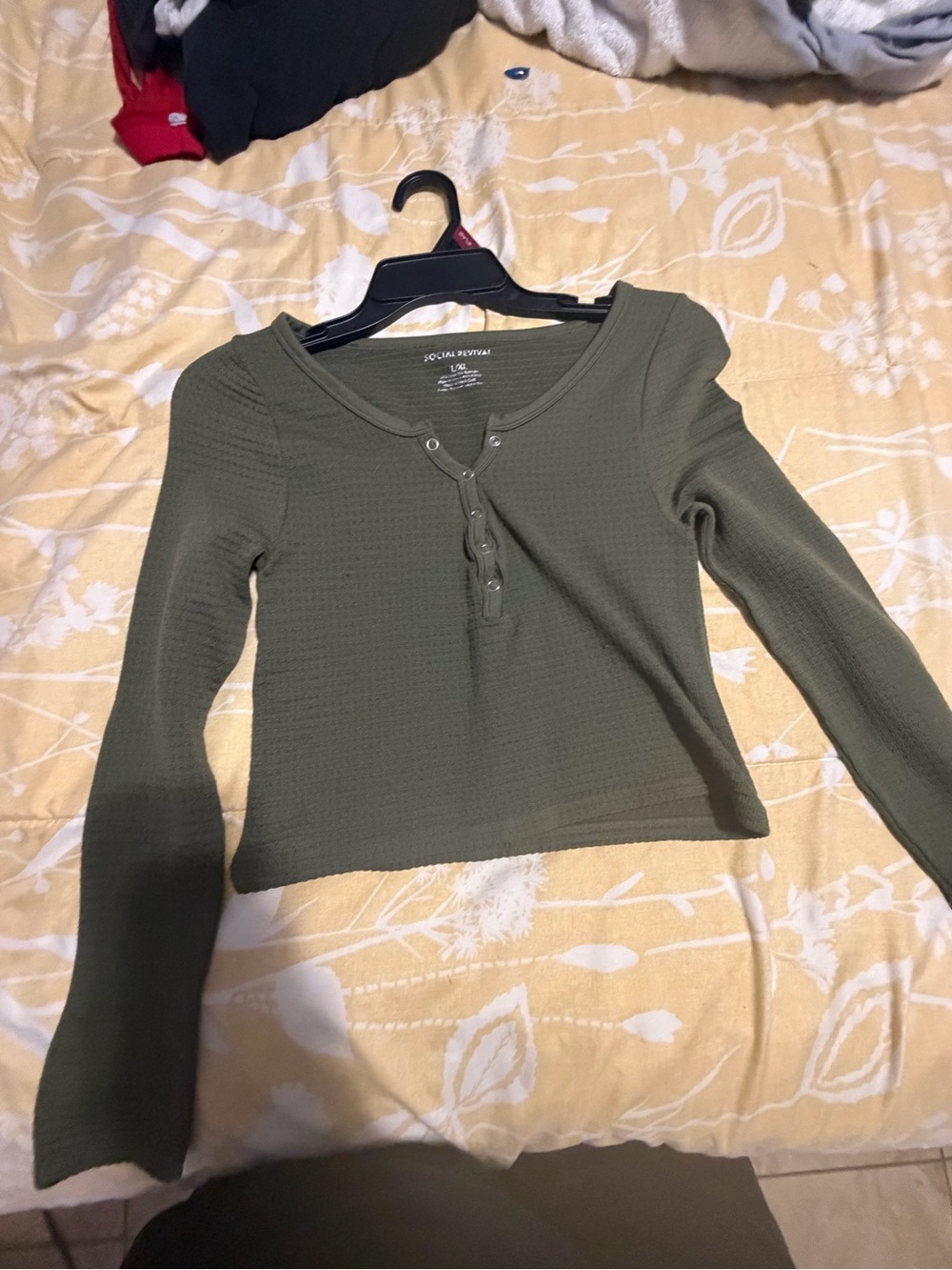 Socialite Woman Olive Green Long-Sleeve crop top Henley Top